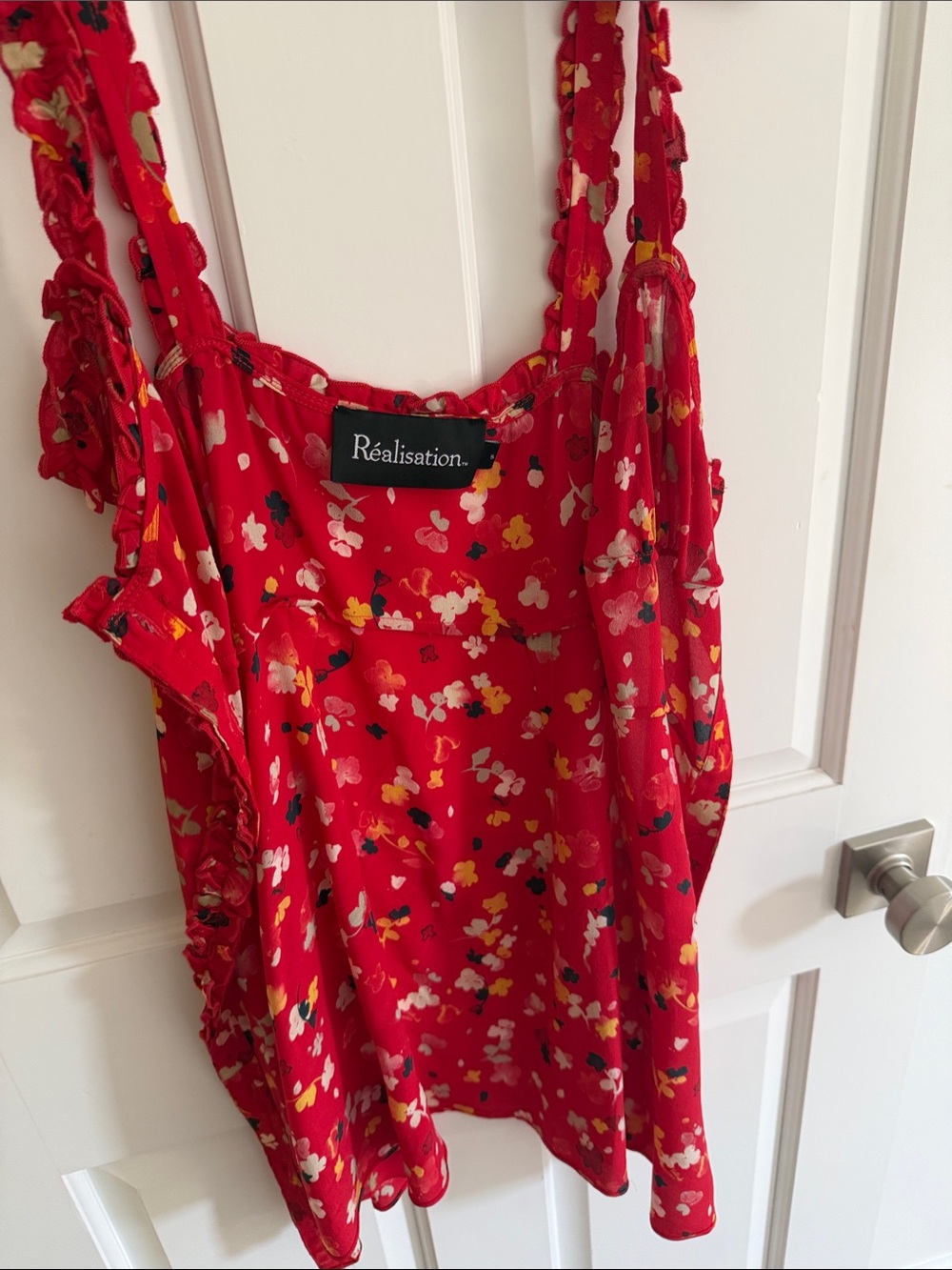 Realisation Par Red Floral Ruffled-Strap mini dress Small